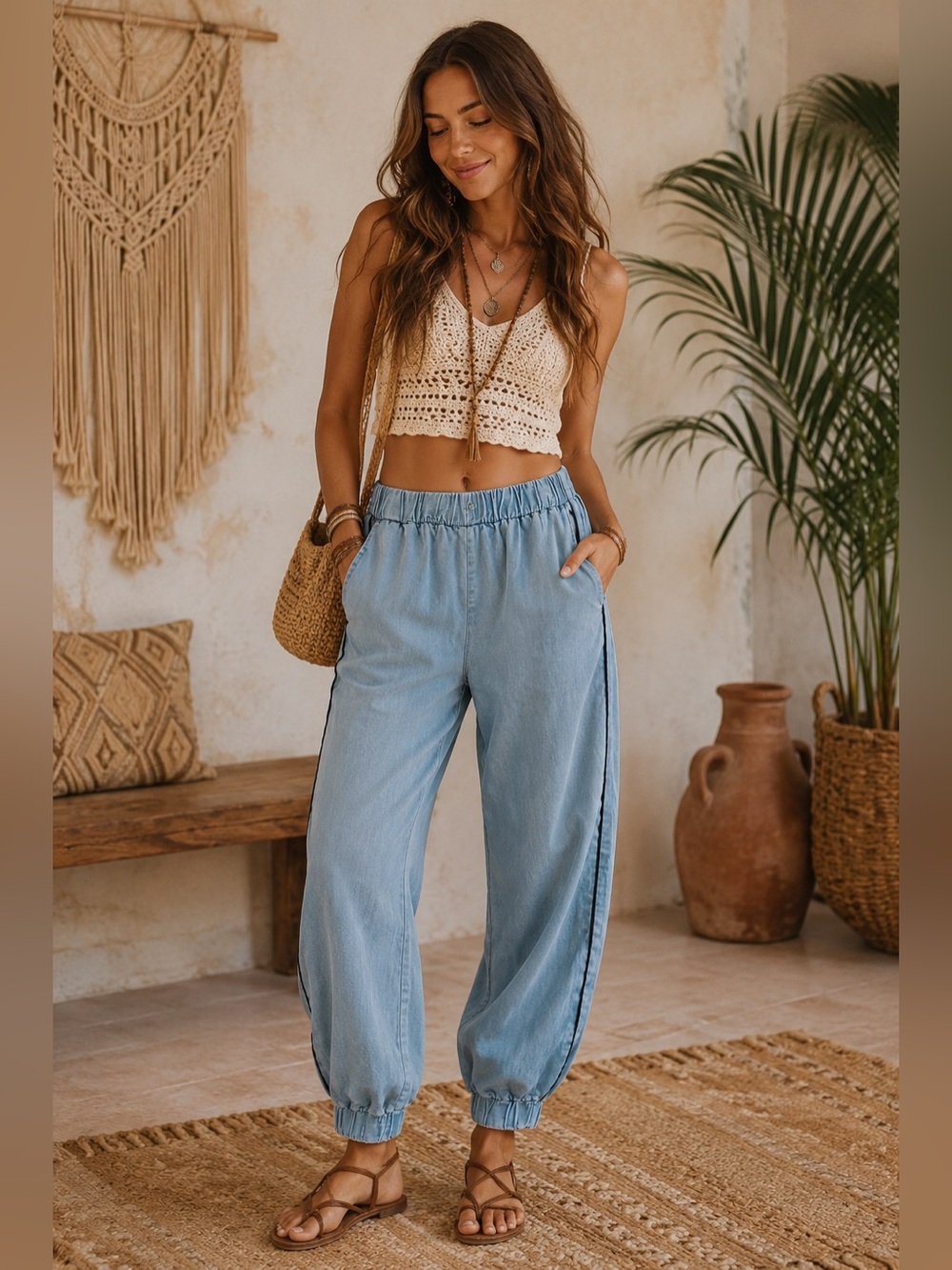 Zara Chambray Tuxedo Stripe Tencel Jogger Pants Blue Elastic Waist Relaxed Boho